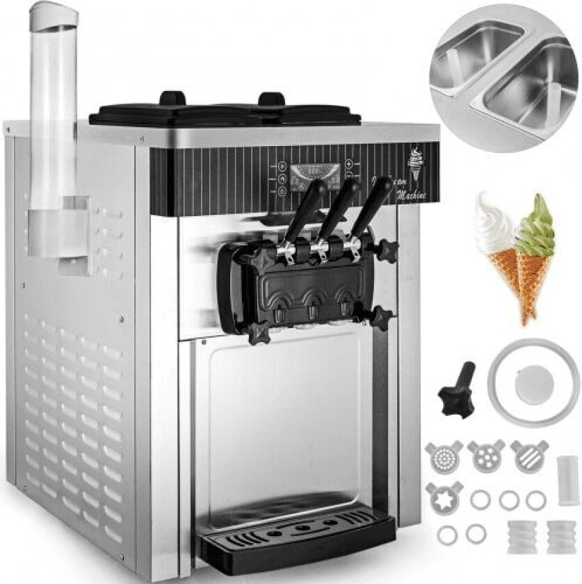 Vevor Soft Ice Cream Machine 2200W Commercial Benkeplate Soft Ice Cream Machine Machine 5,3 til 7,4 gallons per time Iskremmaskin for restauranter Barer Ka