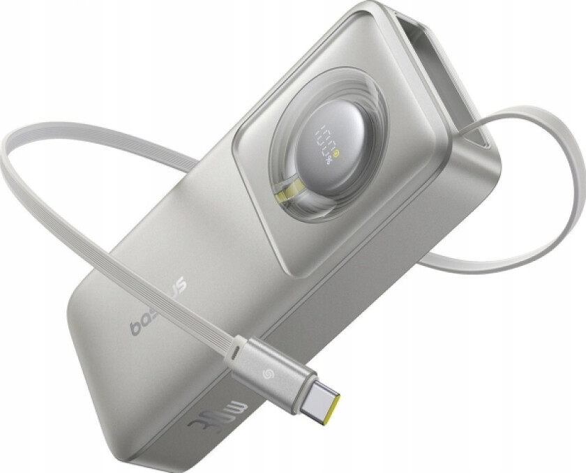 Free2pull 10000Mah 30W Powerbank Med Usb-C-Port Og Uttrekkbar Usb-C-Kabel - Grå