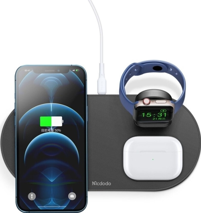 Ch-7061 3In1 15W Trådløs Lader (Telefon/Tws/Apple Watch) Svart