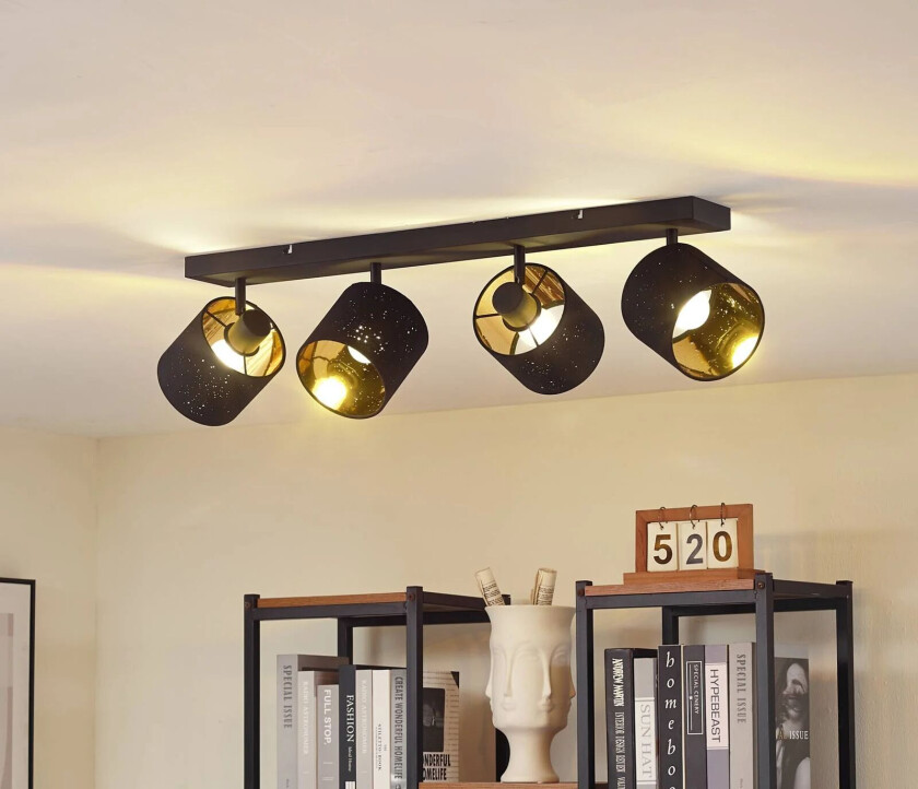 taklampe Vasilia, 4 lyskilder, svart/gull, stoff