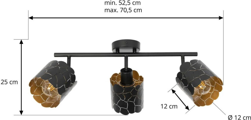 taklampe Aralena, svart/gull, 3-lys, metall