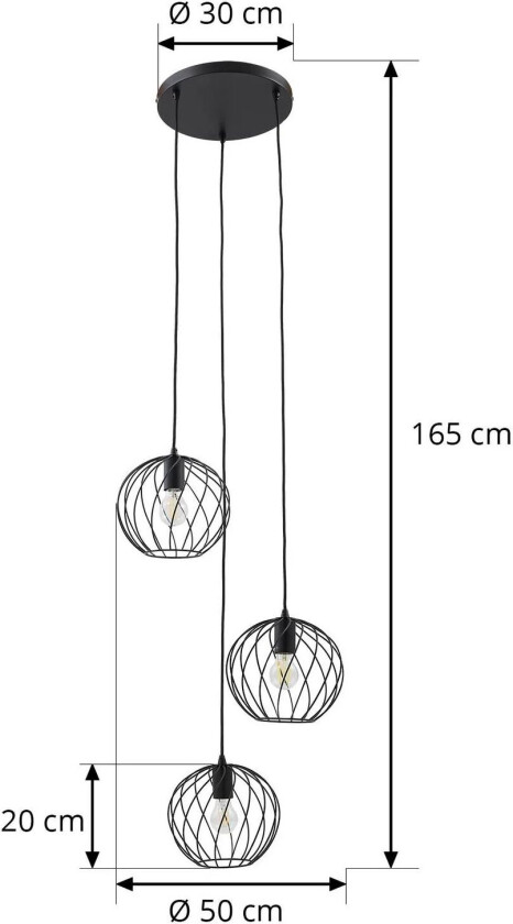 hengelampe Danika, rund, Ø 50 cm, svart, metall