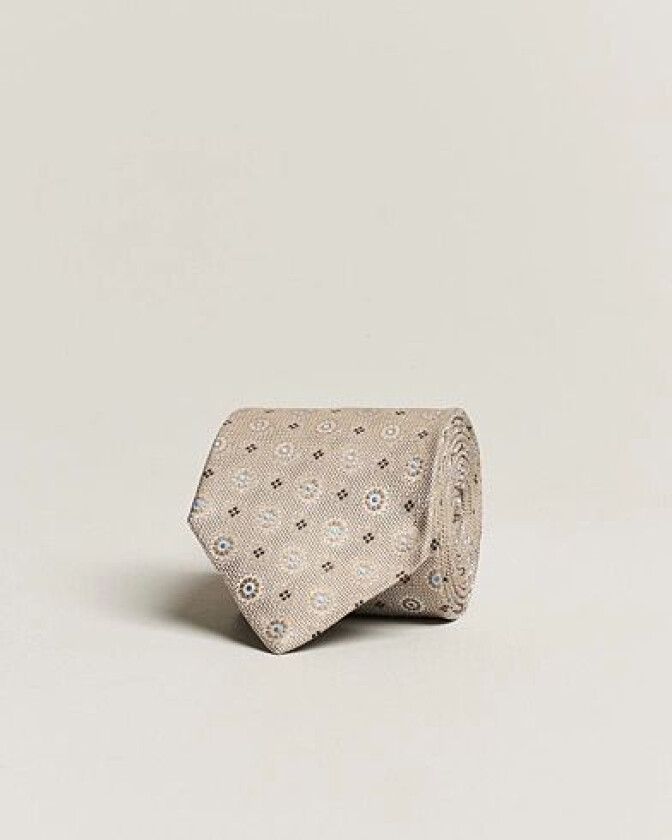 Linen/Silk Printed Flower 8cm Tie Beige