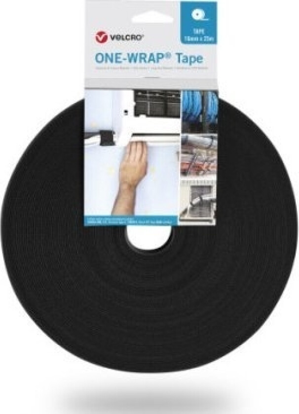 Borrelås Velcro One Wrap Tape, 20 Mm Bred, Flammehemmende, Svart, 25 M
