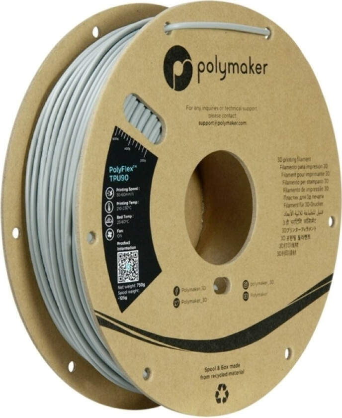 Polymaker Pd02008 Tpu90 Filament Tpu Fleksibel 2.85 Mm 750 G Grå Polyflex™ 1 Stk