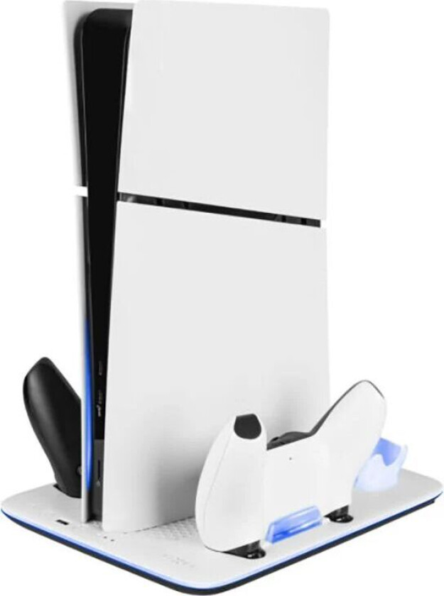 Fixed PS5 Slim-stativ med kjøling / 1 x USB-C og 1 x USB-A / 2 x PS5-kontroller ladespor - Svart / Hvit.