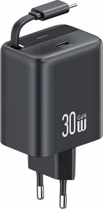Usams Usams Charger Lod. Nettverk. 1Xusb-C Med Uttrekkbar Usb-C Uttrekkbar Pd+Qc 30W Gan Hurtigladekabel Svart/Svart Yc Series Cc241tc01 (Us-Cc241)
