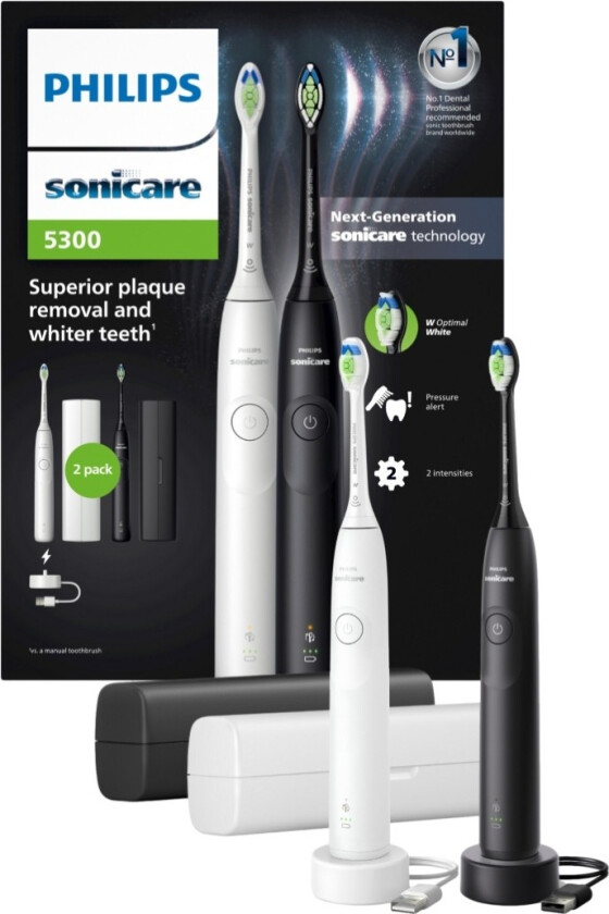 Sonicare Series 5300 elektrisk tannbørste dobbeltpakke, svart/hvit