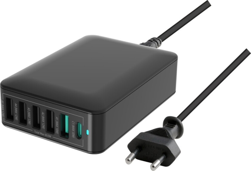 multi-port 60 W 5 X USB-A + 1 X USB-C lader, sort