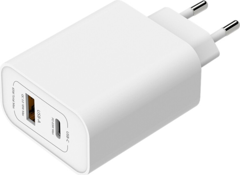 USB-C vegglader 65W PD 2 porter, hvit