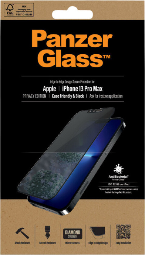 iPhone 13 Pro Max Case Friendly antibakteriell Privacy skjermbeskytter, svart