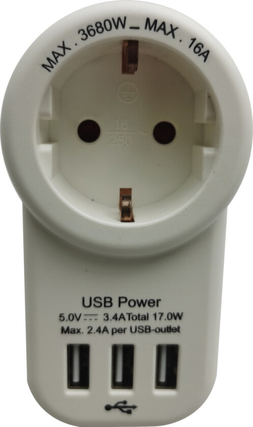 Støpseladapter med 3 usb-a-tilkoblinger