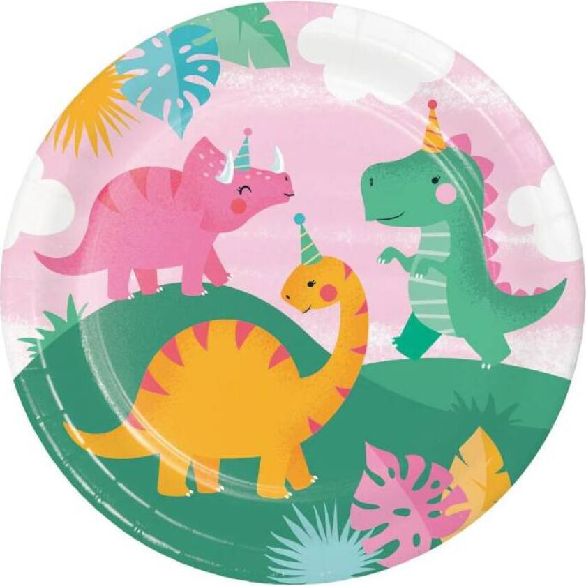 Papptallerken Rosa Dinosaur pk/8