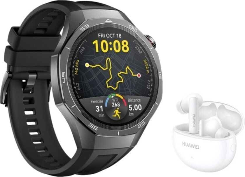 HUAWEI WATCH GT 5 Pro 46 mm smartklokke, svart + FreeBuds 5i
