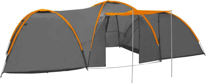 Campingtelt igloformet 650x240x190 cm 8 personer grå og oransje