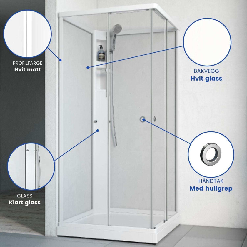 Flow Rett Dusjkabinett Standard Hvit / 91x91cm Glass