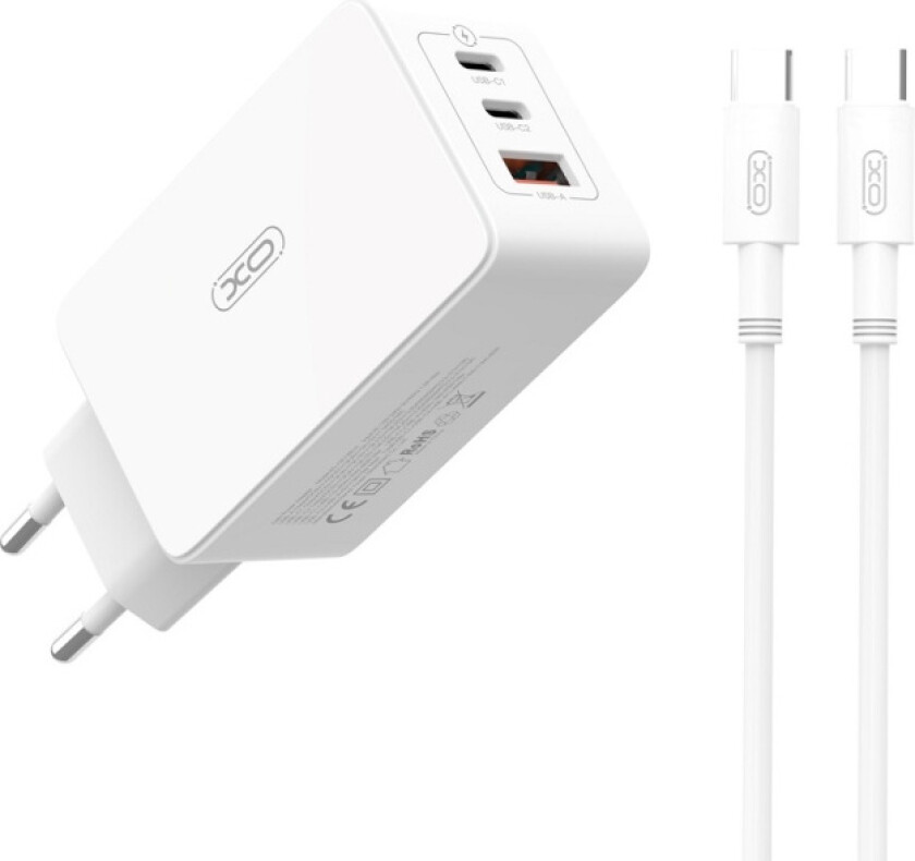 XO väggladdare CE13 PD QC 3.0 65W 1x USB 2x USB-C vit + USB-C - USB-C kabel