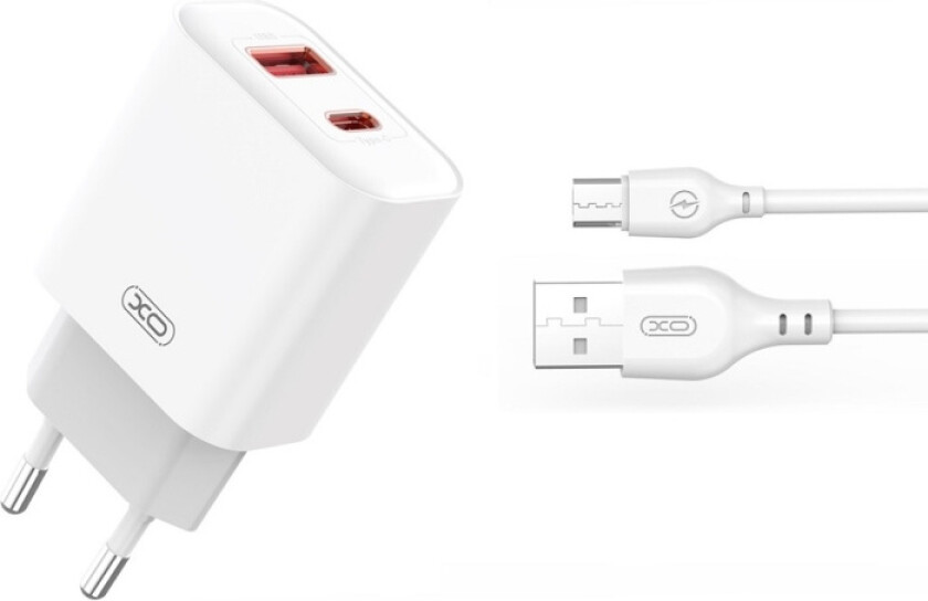 XO väggladdare CE12 PD QC3.0 20W 1x USB 1x USB-C vit + USB - microUSB-kabel