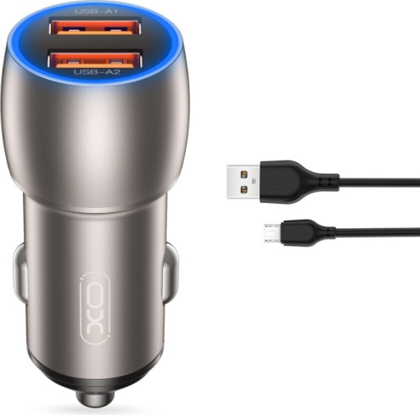 XO billaddare CC52 QC 36W 2x USB grå + microUSB-kabel
