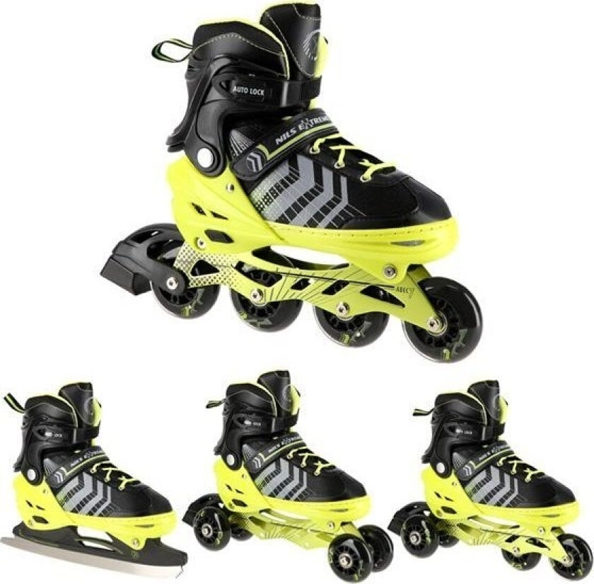 Nils Extreme Nh18192 4-I-1 Rulleskøyter Svart-Grønn Størrelse L(39-43) Inline Skøyter Med Dimensjoner P. Nils Extreme Hockey