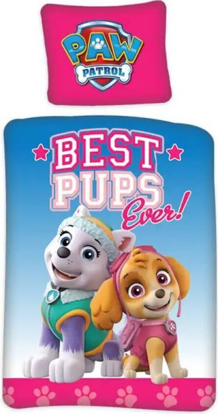Rosa junior sengetøy - 100x140 cm - Paw Patrol sengesett med Everest og Skye - 2 i 1 design - 100% bomull