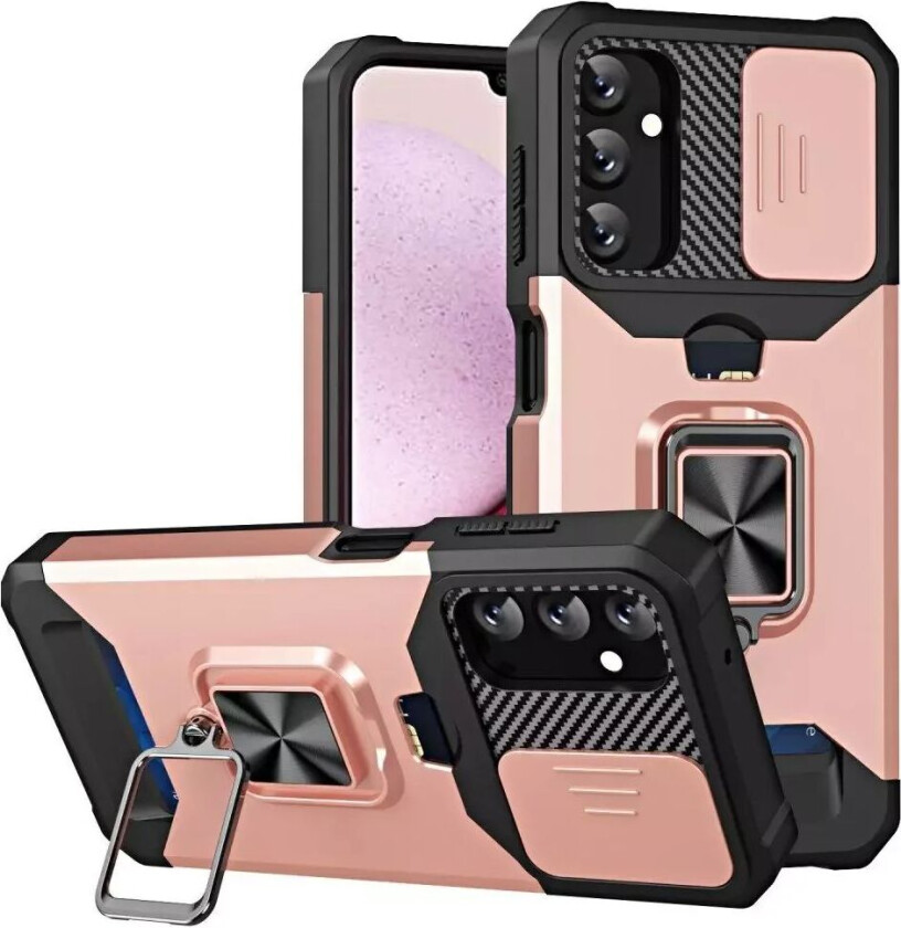 Samsung Galaxy A14 (5G) Håndverker Deksel med Magnetisk Stativ, Kortholder og Cam Slider- Svart / Rose Gull