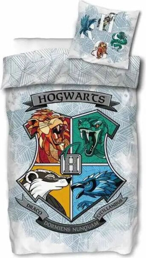 Harry Potter Sengetøy - 140x200 cm - Sengesett med logo fra Hogwarts - 2 i 1 design - 100% bomull