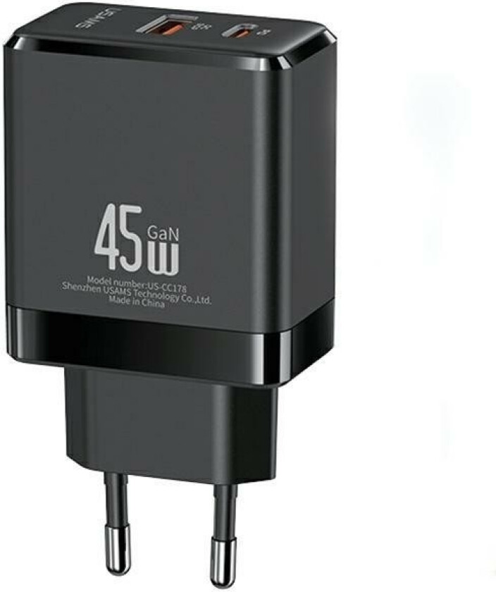 Usams Lader Usb-C+Usb-A 45W Gan Pd 3.0 Vegglader