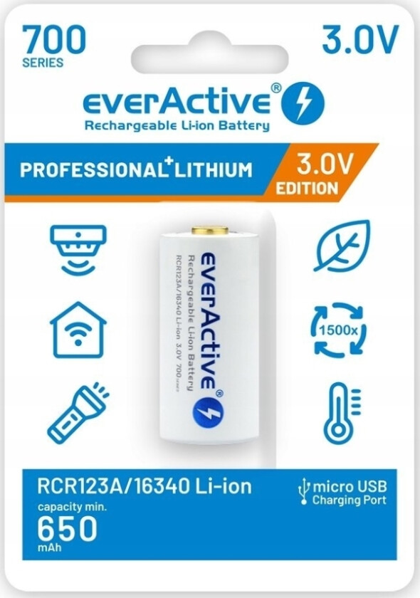 Everactive-Batteri 16340 3V Li-Ion 700 Mah Mikro-Usb