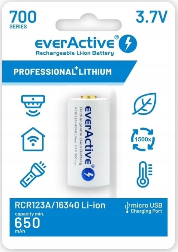 Everactive-Batteri 16340 3,7V Li-Ion 700 Mah Mikro-Usb
