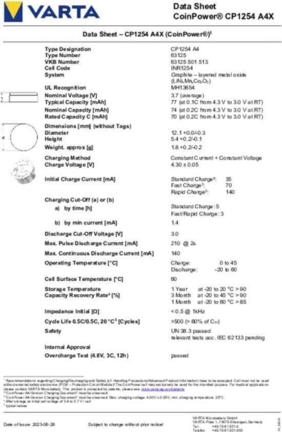 Genopladeligt Knapcellebatteri Cp1254 A4 Litium 74 Mah 3.7 V 1 Stk