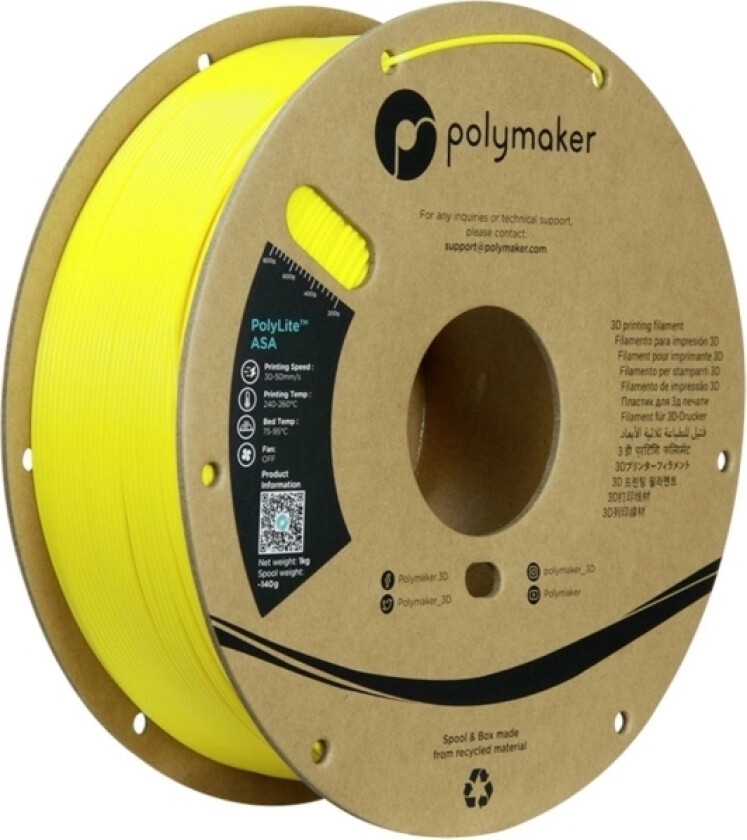 Polymaker Pf01031 Yellow Filament Asa Uv-Bestandig, Vejrbestandig, Varmebestandig, Slagfast 1.75 Mm 1000 G Gul Polylite™ 1 Stk