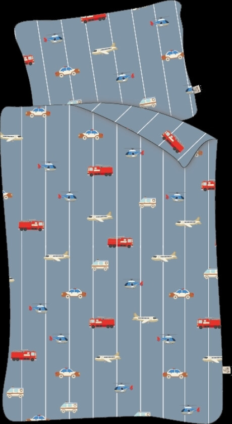 Sengetøy til junior 115x135 cm - Blå med biler og fly - Sengesett i 100% bomull