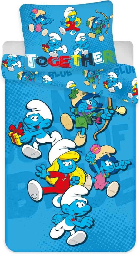 Smurfesengetøy 140x200 cm - Dyne med 2-i-1 design - Sengesett i 100 % bomull
