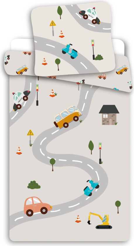 Sengetøy til junior 100x140 cm - Biler - sengesett med kjøretøy og veier - 2 i 1 design - 100% bomull