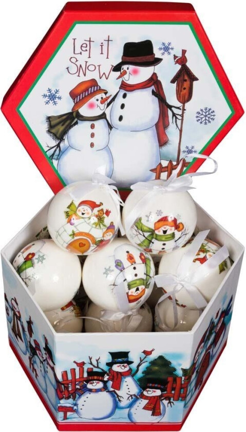 Julekuler - Praktisk boks med 14 eksklusive juletrekuler - Diameter 7,5 cm - Søte snømenn
