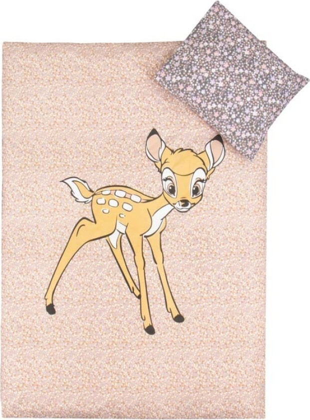 Sengetøy til junior 100x140 cm - sengesett med Bambi og blomster - 2 i 1 design - 100% bomull