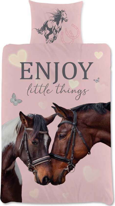 Sengetøy med hestemotiv - 140x200 cm - Motiv av to hester - Vendbart sengesett - 100% bomull