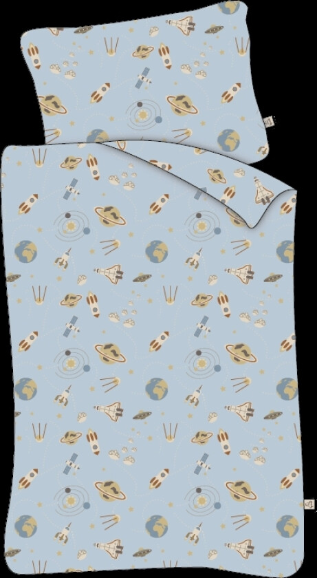 Sengetøy til baby 70x100 cm - Blå med rommotiver - Sengesett i 100 % bomull