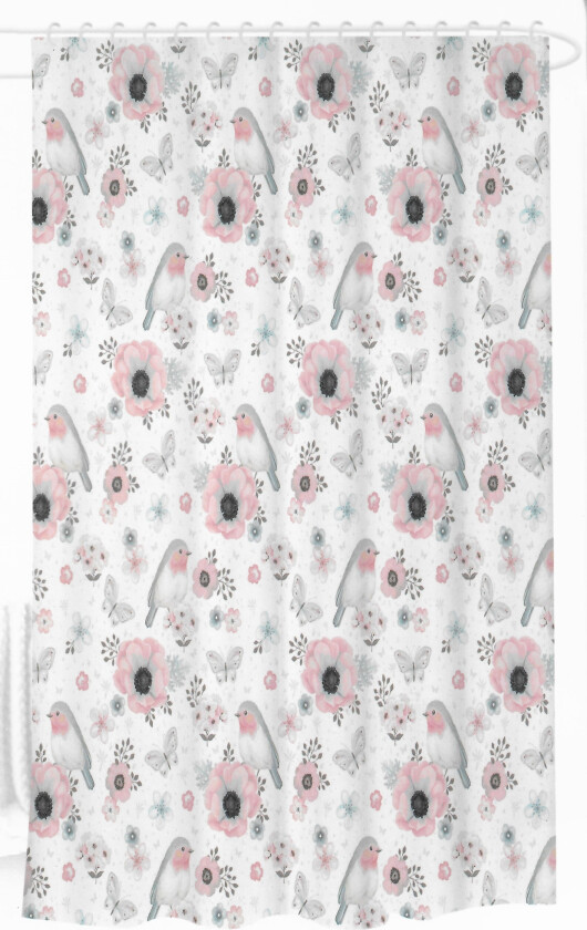 Dusjforheng - 180x180 cm - Hvit med blomster og fugler - Klar til oppheng