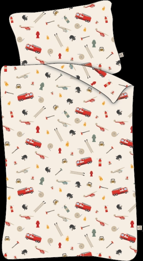 Juniorsengetøy 115x135 cm - Hvit med brannvesenikoner - Sengesett i 100% bomull