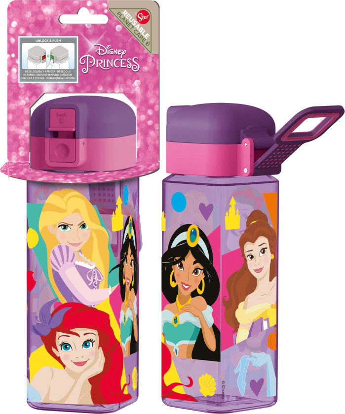 Disney Prinsesser drikkeflaske - med låse flipfunksjon - Snehvit, Rapunzel, Ariel, Jasmine, Belle og Askepott