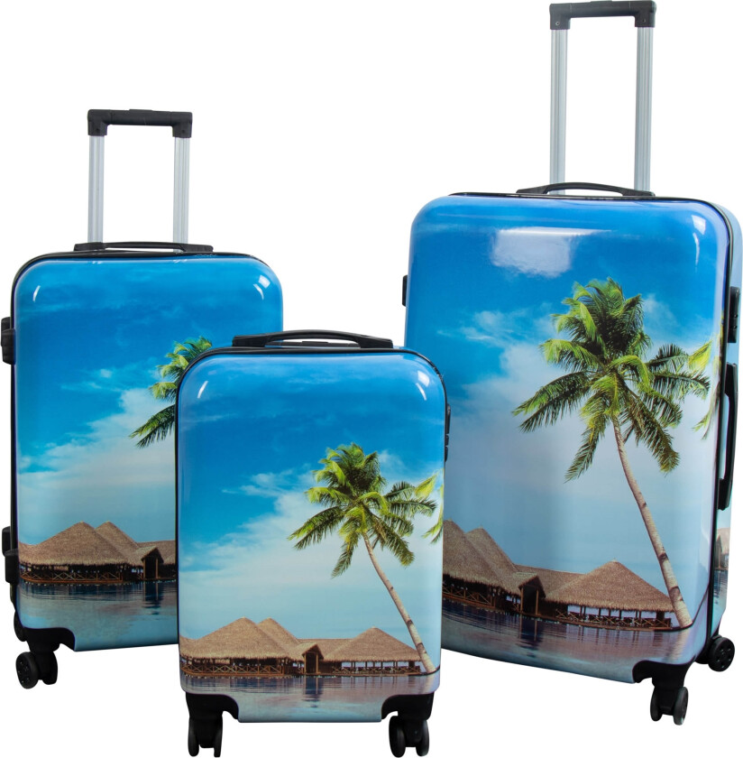 Koffertsett - 3 stk. - Koffert med motiv - Strand og palmer - Hardcase lettvektskoffert med 4 hjul