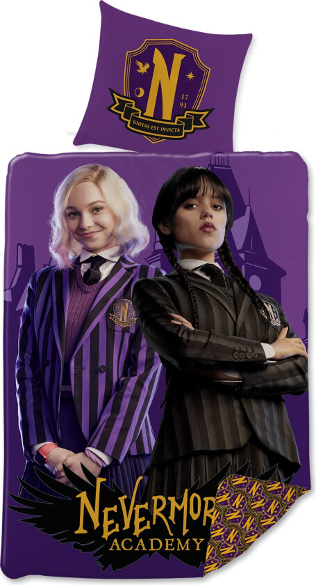 Wednesday sengetøy - 140x200 cm - Nevermore Academy - 2-i-1 sengesett - 100% bomull