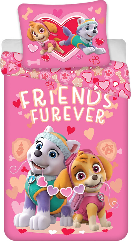 Rosa junior sengetøy 100x140 cm - Paw Patrol sengesett med Everest og Skye - 2 i 1 design - 100% bomull