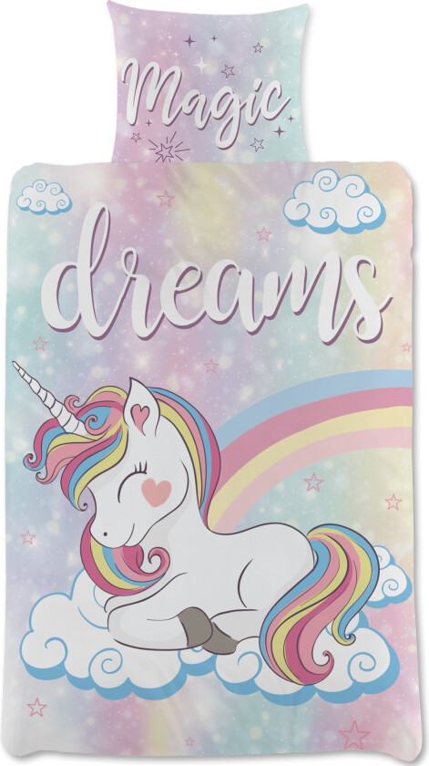 Sengetøy med enhjørningsmotiv - 140x200 cm - Sovende enhjørning på skyer - Sengesett i 100% bomull