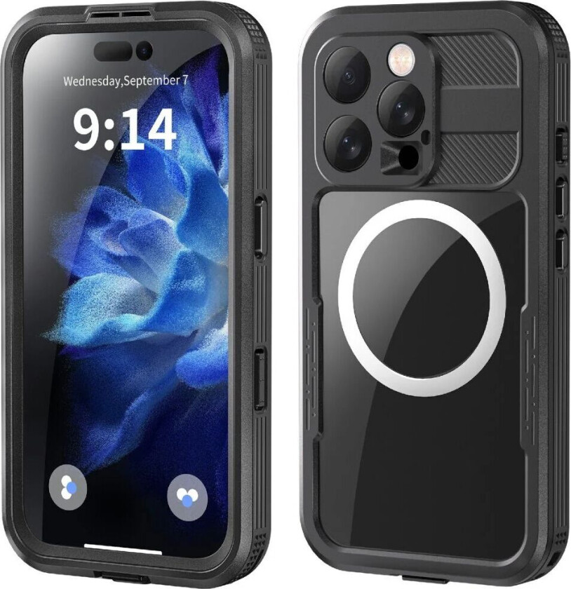 iPhone 16 Pro Vanntett Håndverker Deksel m. Skjermbeskytter og Stropp - MagSafe Kompatibel - Gjennomsiktig / Svart