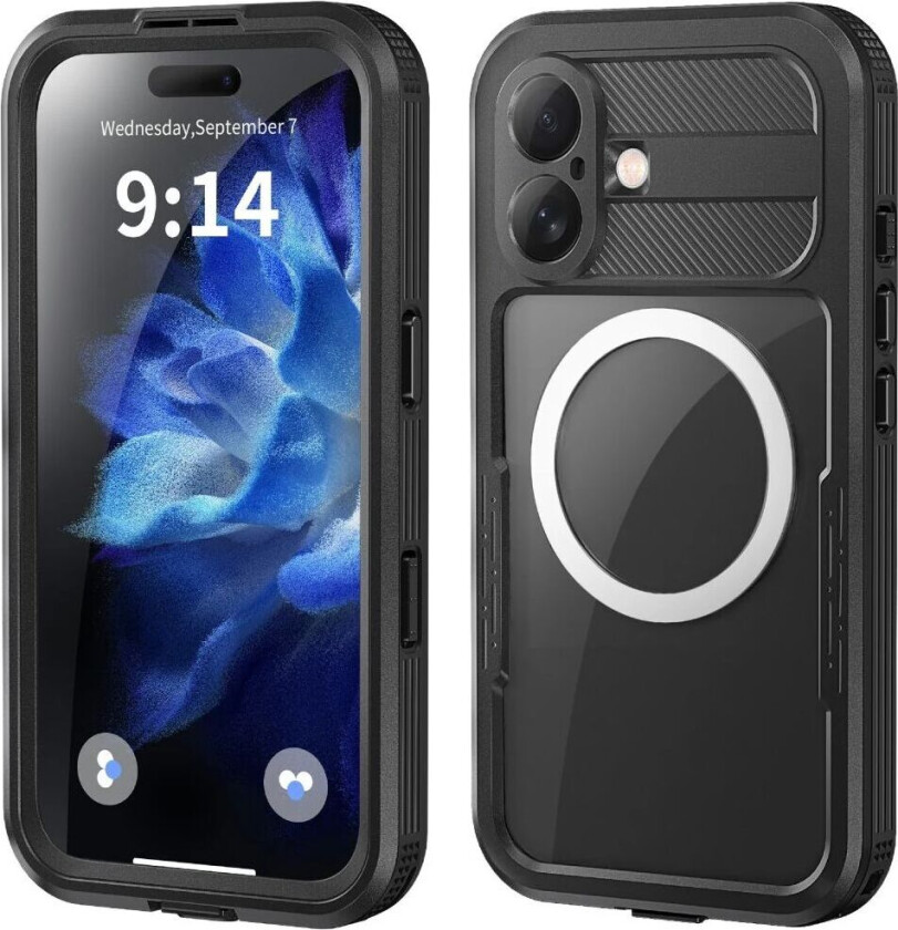 iPhone 16 Vanntett Håndverker Deksel m. Skjermbeskytter og Stropp - MagSafe Kompatibel - Gjennomsiktig / Svart