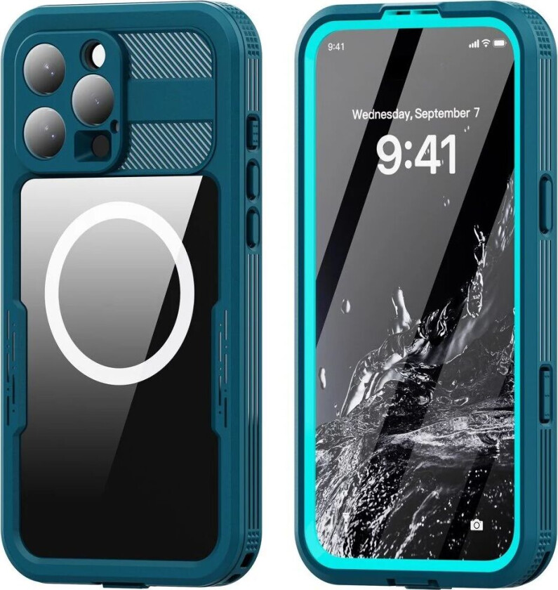 iPhone 16 Pro Max Vanntett Håndverker Deksel m. Skjermbeskytter og Stropp - MagSafe Kompatibel - Gjennomsiktig / Blå