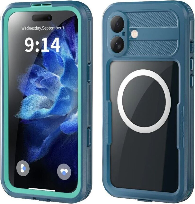 iPhone 16 Plus Vanntett Håndverker Deksel m. Skjermbeskytter og Stropp - MagSafe Kompatibel - Gjennomsiktig / Blå